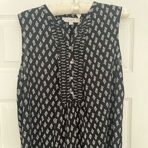 LOFT Black and White Sleeveless Blouse with Mandarin Collar